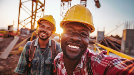 Two funny, cheerful construction workers stand side by side, sharing a light-hearted moment together