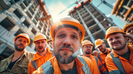 A group of funny and cheerful construction workers standing proudly in front of a newly completed building, showcasing their hard work and dedication - obrazy, fototapety, plakaty