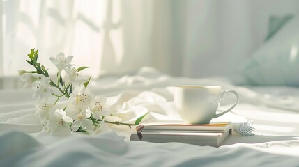 Spring still life Breakfast in bed White bedroom Sweet home Books flowers and coffee cup flat lay : Generative AI