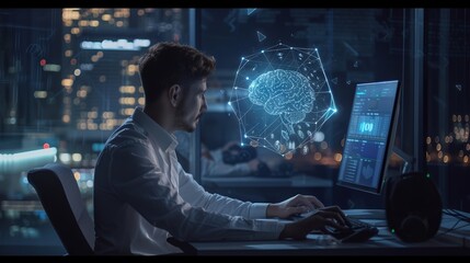 Man engaging with advanced AI technology: exploring machine learning and IoT connectivity through an electronic brain interface in the digital age