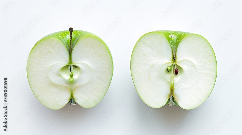 Poster flat lay of fresh green apple fruit with cut in half and slice isolated on white background : genera