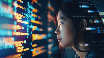 Dedicated Asian businesswoman engrossed in late-night software development with dynamic code visualization at office workstation