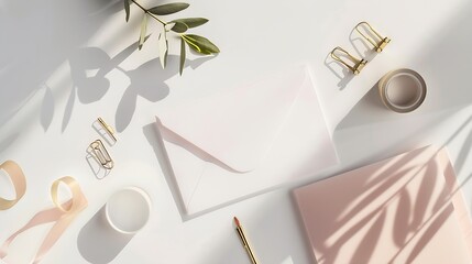 Feminine stationery  desktop mockup scene Blank greeting card craft envelope washi tape and golden paper binder clips with olive branchWhite table background Flat lay top view : Generative AI