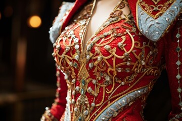 Details of a Circus aesthetic outfit, highlighting the elaborate embroidery and sequins adorning the costume
