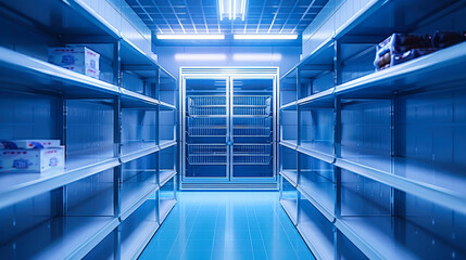 Obraz premium A long row of shelves filled with food items in a freezer room with a blue hue