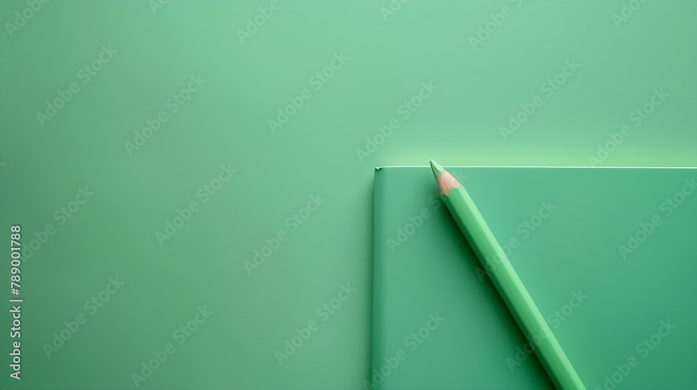 Poster minimal work space sketchbook and green pastel pencil on green pastel background top view flat lay :
