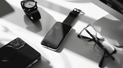 Smart mobile phone and watch on clean office desk Black and white composition Flat lay : Generative AI