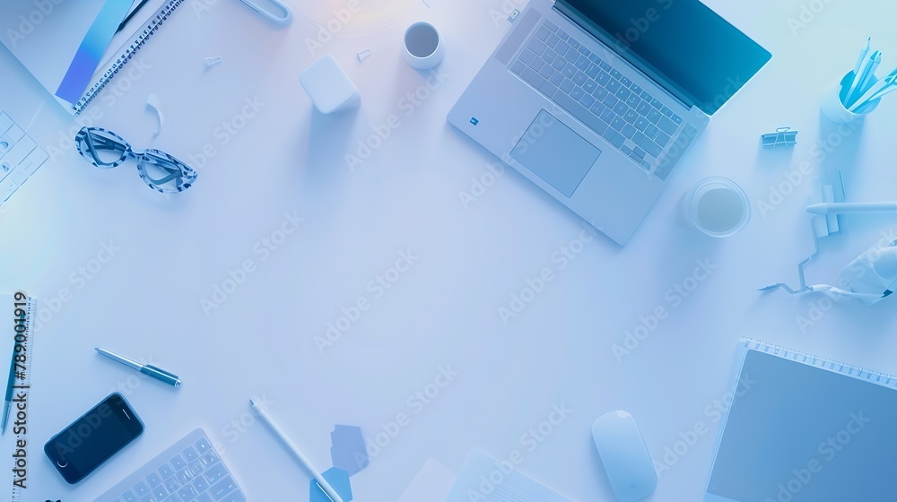 Poster white office desk with laptop and supplies top view with copy space flat lay : generative ai