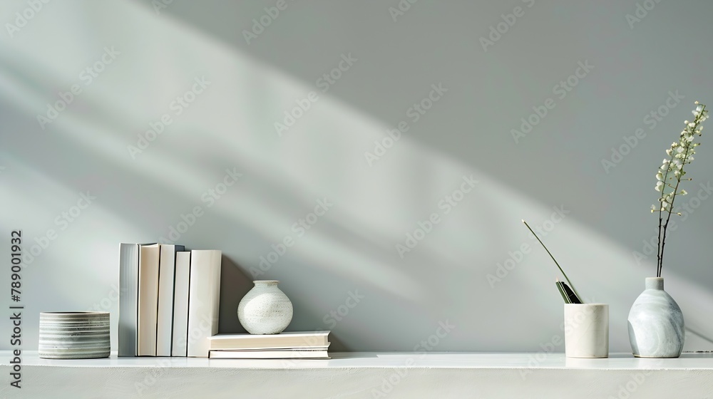 Poster cropped shot of trendy workspace with books stationery decorations and copy space on white table wit