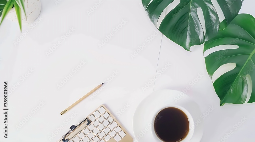 Poster Flat lay top view office table desk Workspace with blank clip board keyboard office supplies pencil green leaf and coffee cup on white background : Generative AI