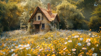 Fototapeta premium Photo of a charming cottage nestled amidst a wildflower meadow --ar 16:9 Job ID: d09c803f-f640-41a8-8616-36de6262f043