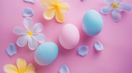 Happy easter Colourful of Easter eggs in with flower on pastel background Greetings and presents for Easter Day celebrate time Flat lay top view : Generative AI
