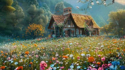 Photo of a charming cottage nestled amidst a wildflower meadow --ar 16:9 Job ID: d09c803f-f640-41a8-8616-36de6262f043 - obrazy, fototapety, plakaty