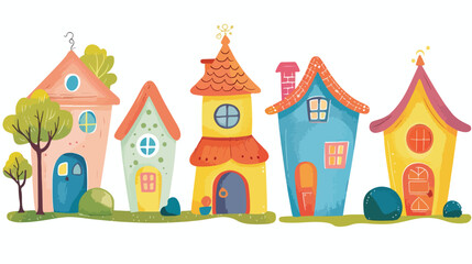 Set of Four small tiny Houses. Paper cut cartoon minim
