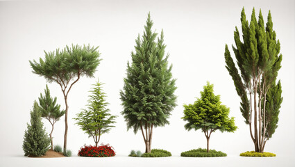 A row of different types of trees and bushes.

