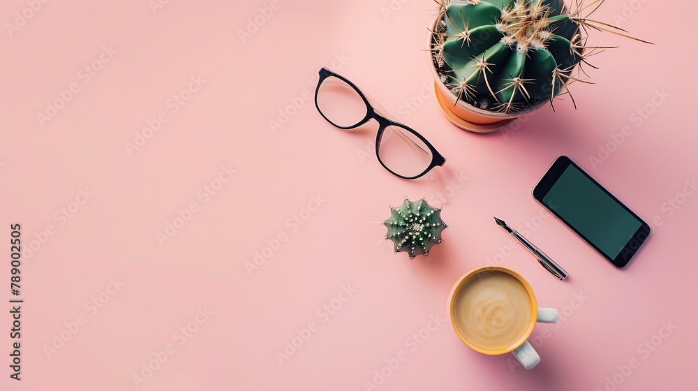 Poster Minimal flat lay with glasses cactuscoffee cupsmartphonepencamera on pastel background for copy space top view : Generative AI
