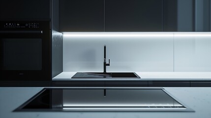 Minimalist kitchen with white countertop furniture and wall tiles and black sink induction hob and exhaust hood : Generative AI - obrazy, fototapety, plakaty