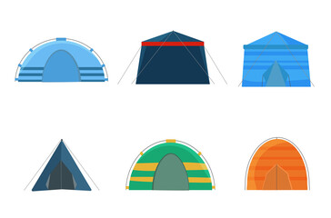 PNG, Set of tents isolated on a white background and shown from different angles. Multi Colored tents for camping in the nature and for outdoor celebrations. Triangle objects and dome in flat vector d