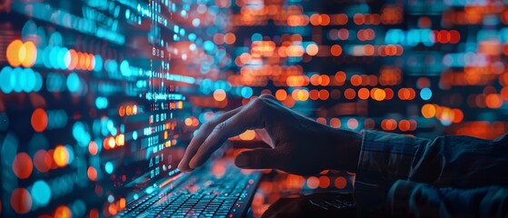 Close-up of business professional engaging with advanced computer interface for decentralized finance and AI chatbot programming in a high-tech digital world