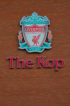 England, Liverpool - December 29, 2023: Club crest at the Kop in Anfield.