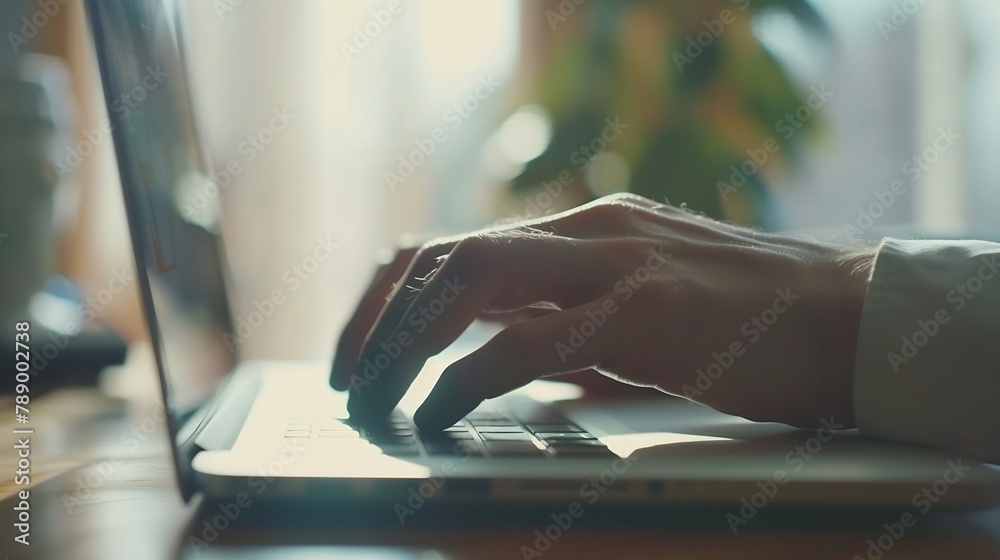 Poster businessman using laptop computer at home close up of male hands typing on laptop keyboard in office