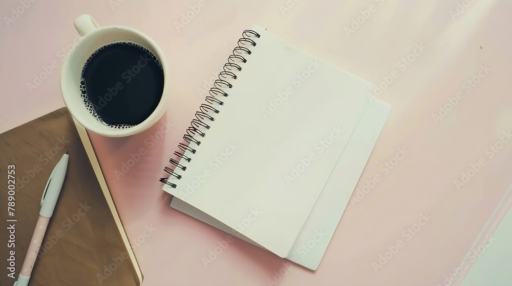 Aufkleber Styled stock photography brown office desk table with blank notebook computer supplies and coffee cup Top view with copy space Flat lay : Generative AI