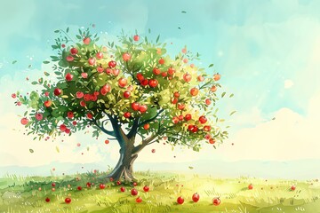 Apple Tree  An apple tree full of red apples on a bright green field water color, cartoon, hand drawing, animation 3D, vibrant, minimalist style