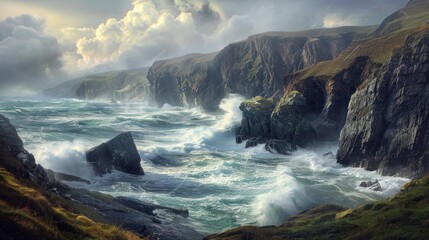 Dramatic coastline with crashing waves and rugged cliffs - Powered by Adobe