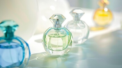 Transparent bottles of perfume on white background : Generative AI