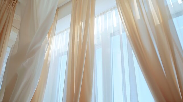 Curtains on full height windows in the interior of the house Curtain rods installed in the ceiling at an angle to the horizon Cornices with beige drapes and white tulles Interior detai : Generative AI