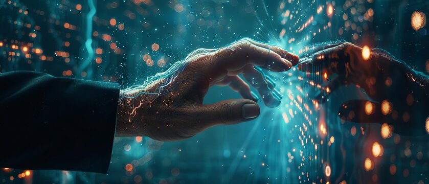 Close-up of business professional engaging with advanced computer interface for decentralized finance and AI chatbot programming in a high-tech digital world