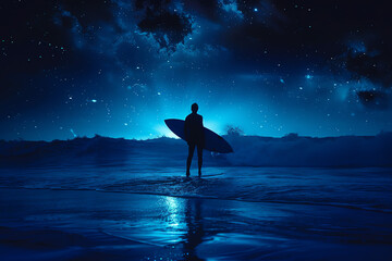 Mindful surfer  Silhouette of a surfer at dusk, deep blue backdrop, hyper realistic