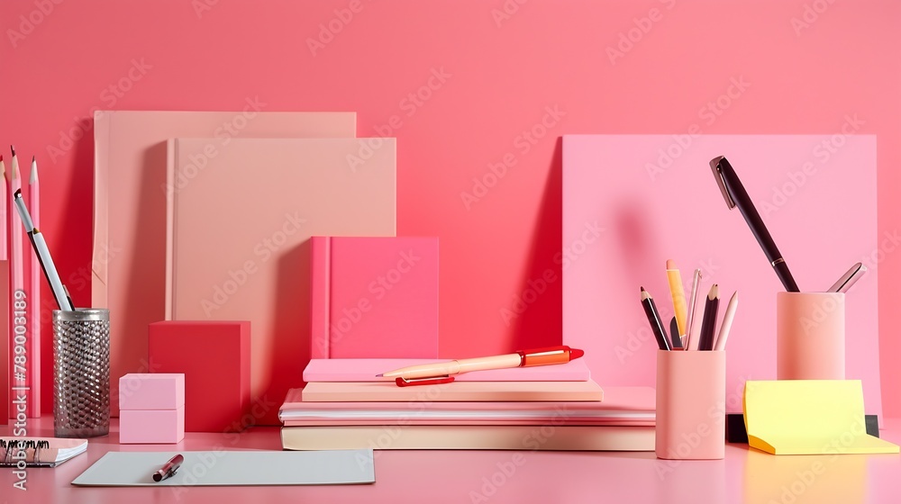 Poster Composition with different stationery on color background : Generative AI