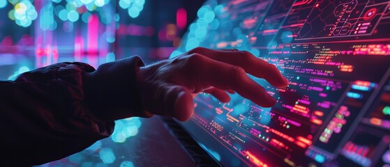 Close-up of business professional engaging with advanced computer interface for decentralized finance and AI chatbot programming in a high-tech digital world