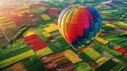 Hot air balloon floating over a colorful patchwork of farmland