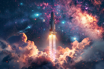 Rocket spaceship launch scene illustration, rocket launch business background for World Space Day
