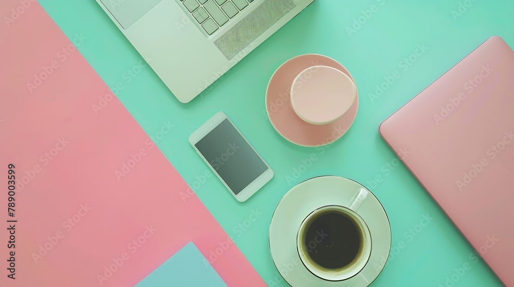 Poster Modern workspace with laptop coffee cup tablet and smartphone copy space on color background Top view Flat lay style : Generative AI