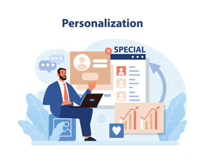 Personalization in Consumer Engagement set. A man customizes customer profiles for targeted marketing strategies.