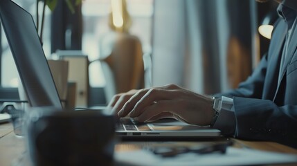 Focused entrepreneur analyzing financial statistics on laptop display amidst corporate office setting, visualizing stock market trends and data charts