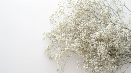 Create a beautiful floral arrangement featuring delicate white flowers against a white backdrop in this wedding mockup adorned with small Gypsophila Baby s breath blossoms The flat lay pers - obrazy, fototapety, plakaty