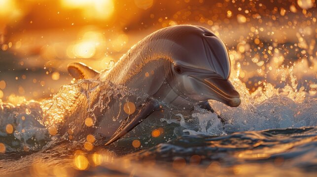 A stunning image of a single dolphin majestically leaping from the water with sunset light creating a radiant effect
