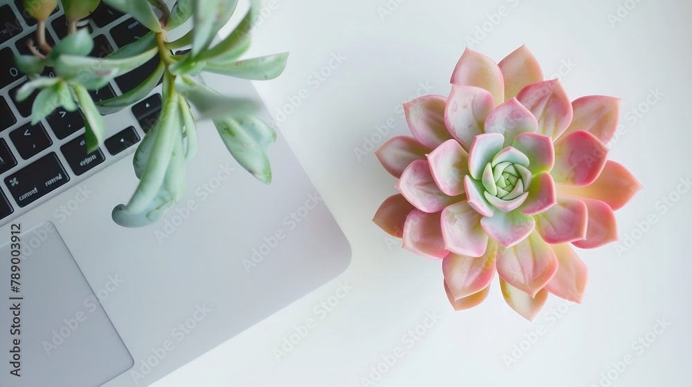 Aufkleber Stylish office table desk Workspace with laptop diary succulent on white background Flat lay top view : Generative AI