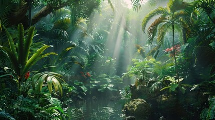 lush rainforest teeming with exotic plants and animals