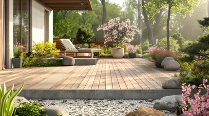 A tranquil outdoor patio scene with sunlit wooden decking, surrounded by lush greenery and vibrant flowers - obrazy, fototapety, plakaty