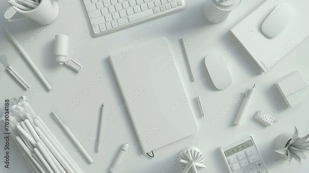 Poster white office desk table with blank notebook computer keyboard and other office supplies top view wit