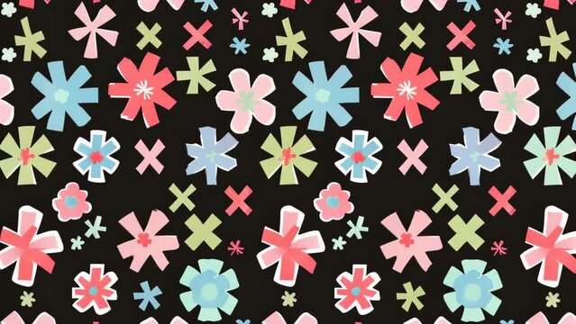 Pastel-colored floral motifs arranged in a regular pattern on a black background create a retro aesthetic. Pink, blue, yellow, and green flowers in soft hues intersect in a cross-like design. 