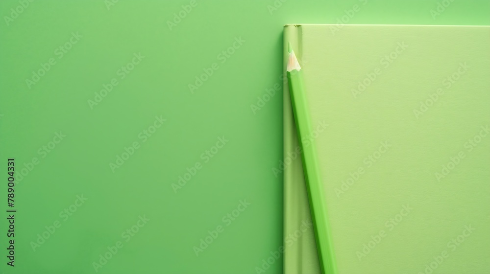 Poster minimal work space sketchbook and green pastel pencil on green pastel background top view flat lay :