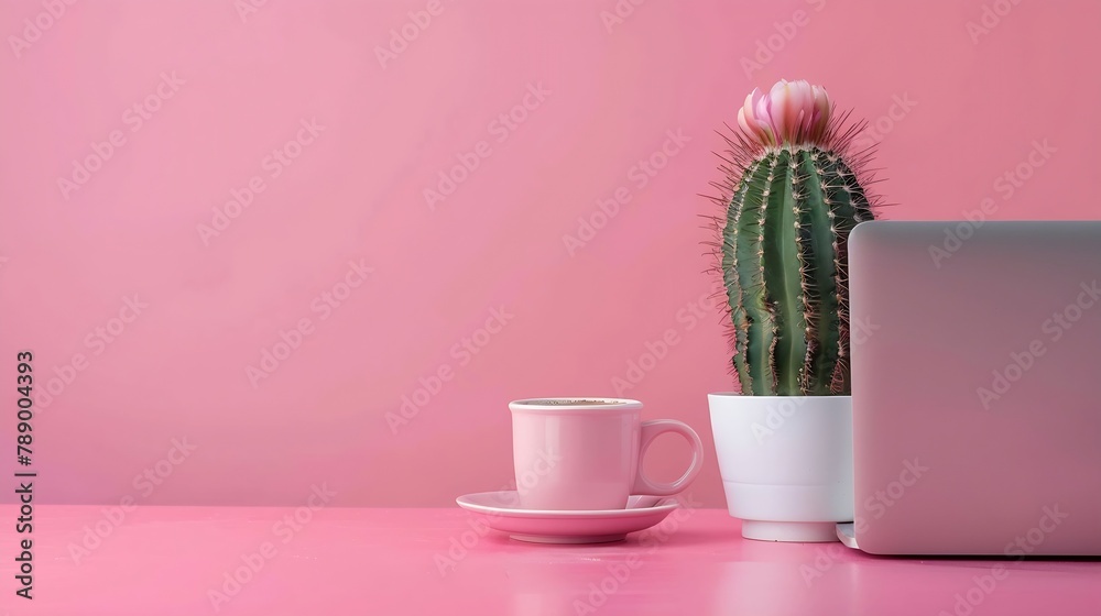 Fototapete working with laptop computerhot coffee and cactus copy space on pink table backgroundtop viewflat la