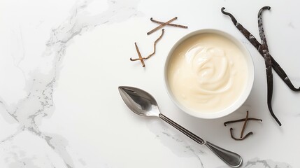 Bowl with condensed milk vanilla pods and spoon on white marble table flat lay : Generative AI