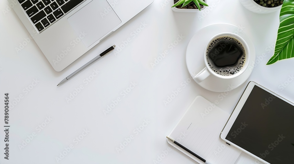Poster Modern workspace with coffee cup smartphone paper notebook tablet and laptop copy space on white color background Top view Flat lay style : Generative AI